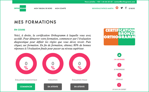 Tableau de bord avec vos résultats et votre positionnement au sein de votre parcours de formation